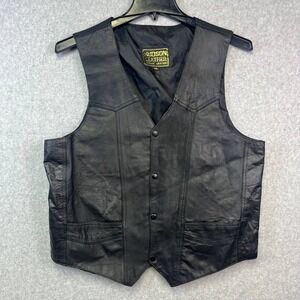 Hudson Leather Vest Men's‎ XXL Black Leather Biker Western Skull Feather Patch